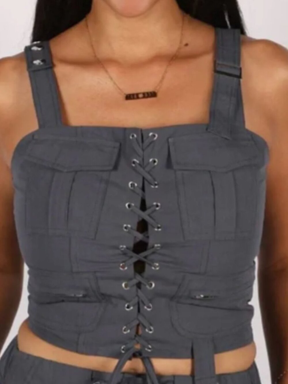 NWT Slate Blue Lace Up Corset Crop Top Small Cargo Utility Grunge Cyber Y2K